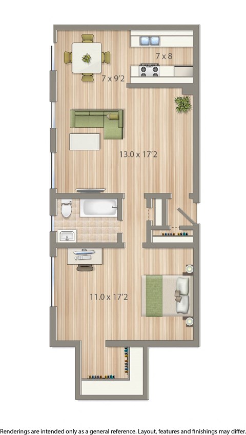 Floor plan for 1 bed, 1 bath, 704 sqft